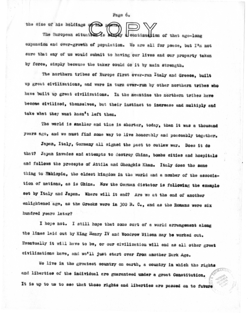 Speech of Senator S. Truman at Liberty Memorial, Kansas City, Missouri