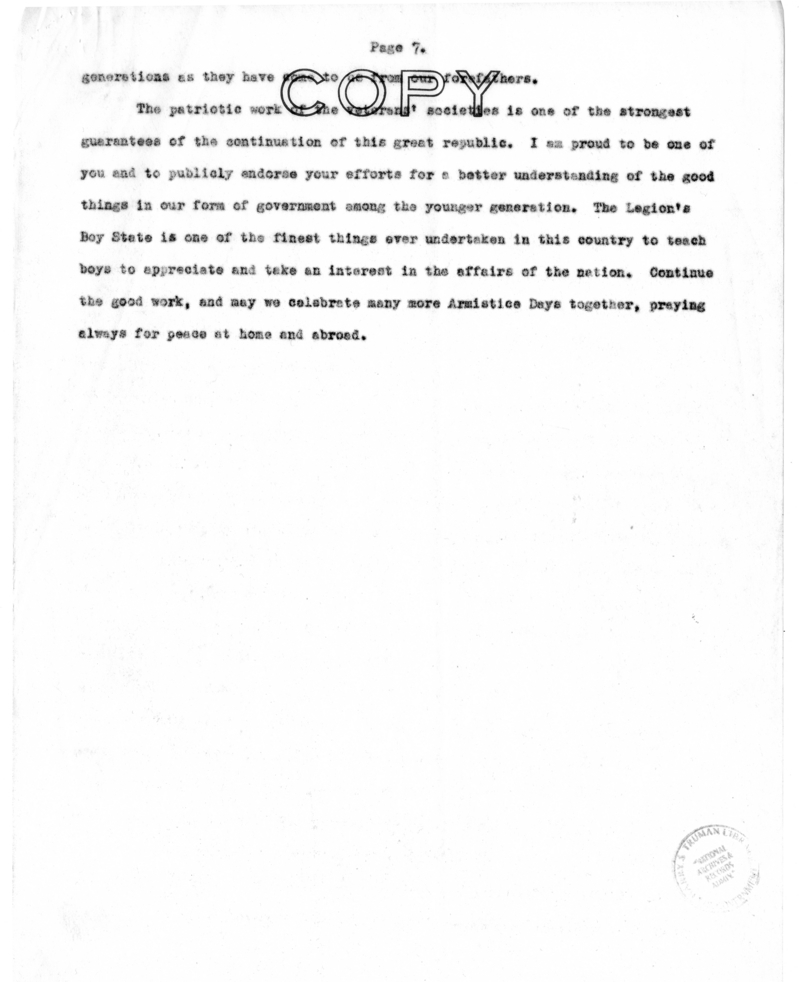 Speech of Senator S. Truman at Liberty Memorial, Kansas City, Missouri