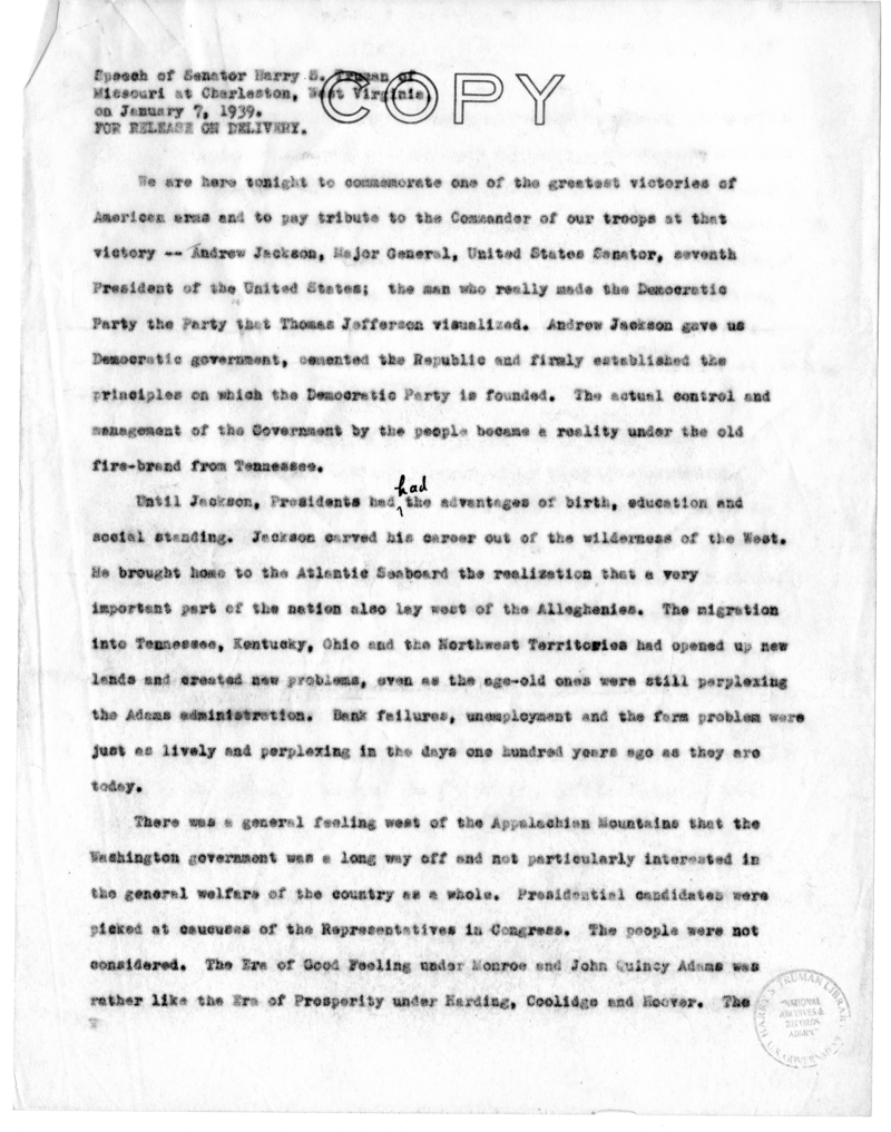 Speech of Senator Harry S. Truman at Charleston, West Virginia