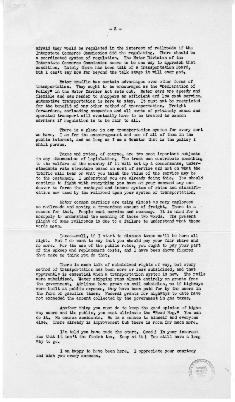 Speech of Senator Harry S. Truman Before the Maryland Motor Truck Association, Baltimore, Maryland