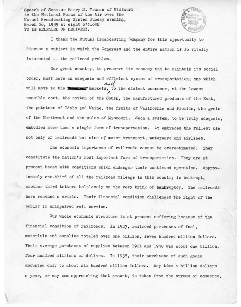 Speech of Senator Harry S. Truman to the National Forum of the Air Over NBC, Washington, D.C.