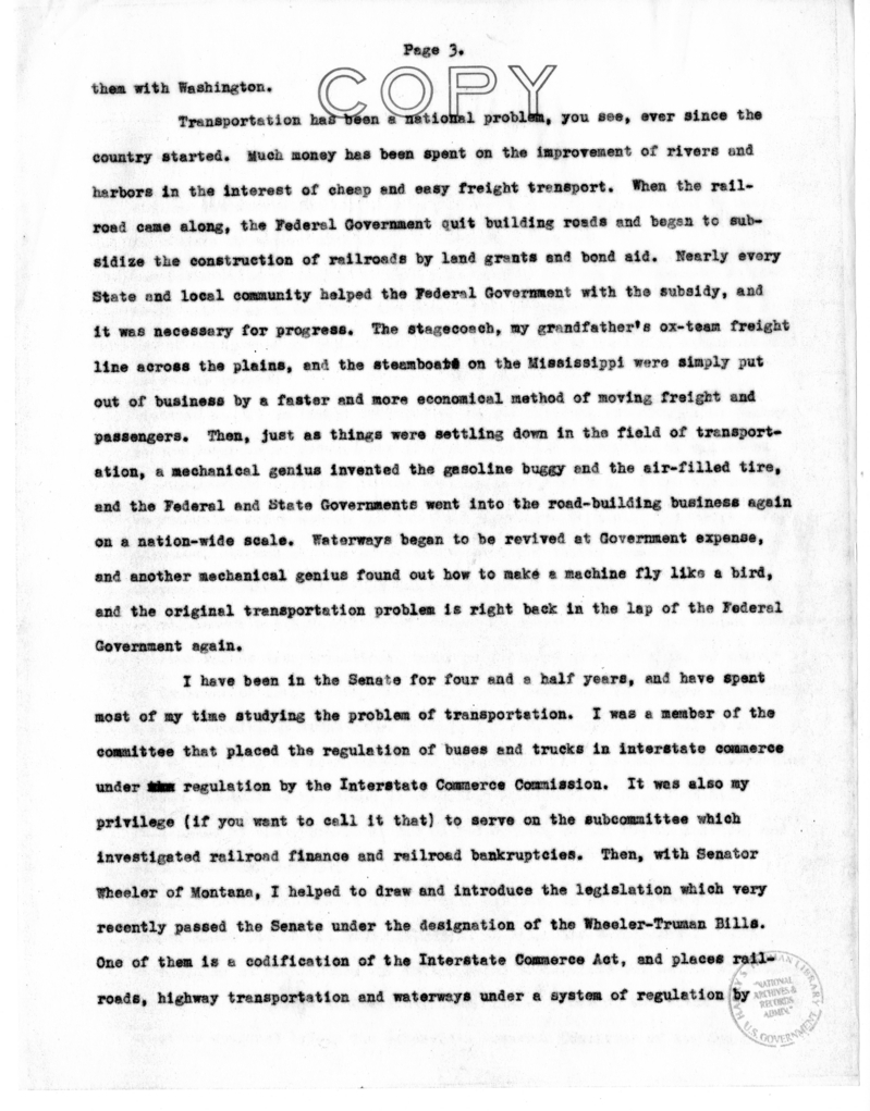 Speech of Senator Harry S. Truman Before the Brotherhood of Railroad Trainmen, Kansas City, Missouri