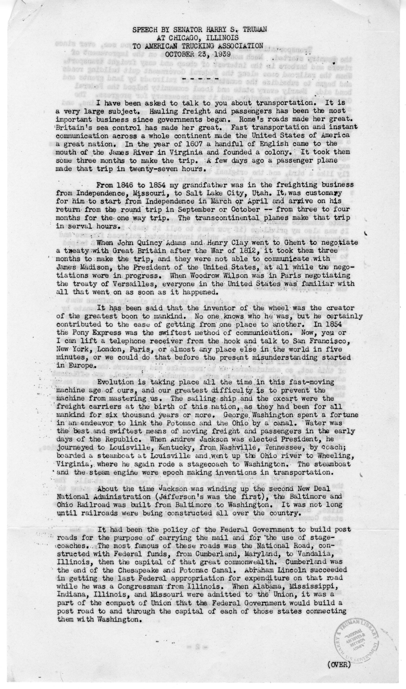 Speech of Senator Harry S. Truman to the American Trucking Association at Chicago, Illinois