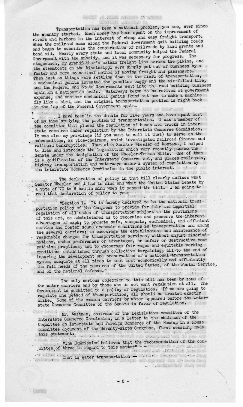 Speech of Senator Harry S. Truman to the American Trucking Association at Chicago, Illinois