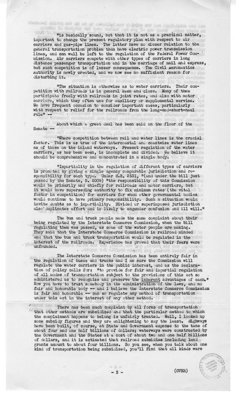 Speech of Senator Harry S. Truman to the American Trucking Association at Chicago, Illinois