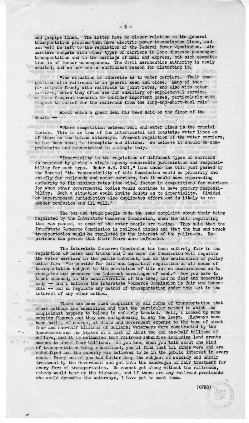 Speech of Senator Harry S. Truman to the Traffic Club at Springfield, Missouri