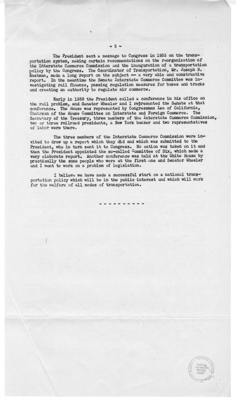 Speech of Senator Harry S. Truman to the Traffic Club at Springfield, Missouri
