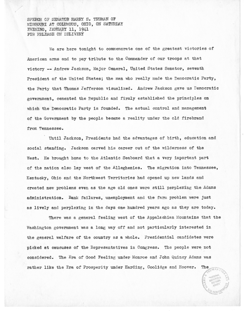 Speech of Senator Harry S. Truman at Columbus, Ohio