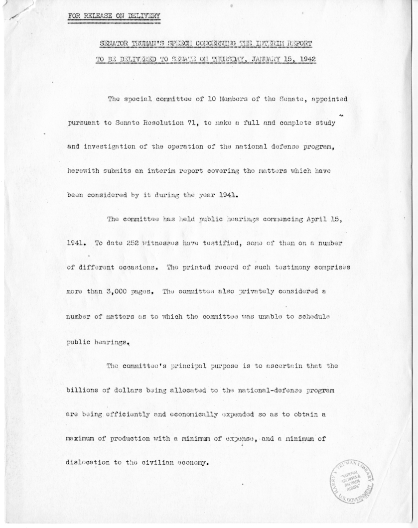 Speech of Senator Harry S. Truman before the United States Senate
