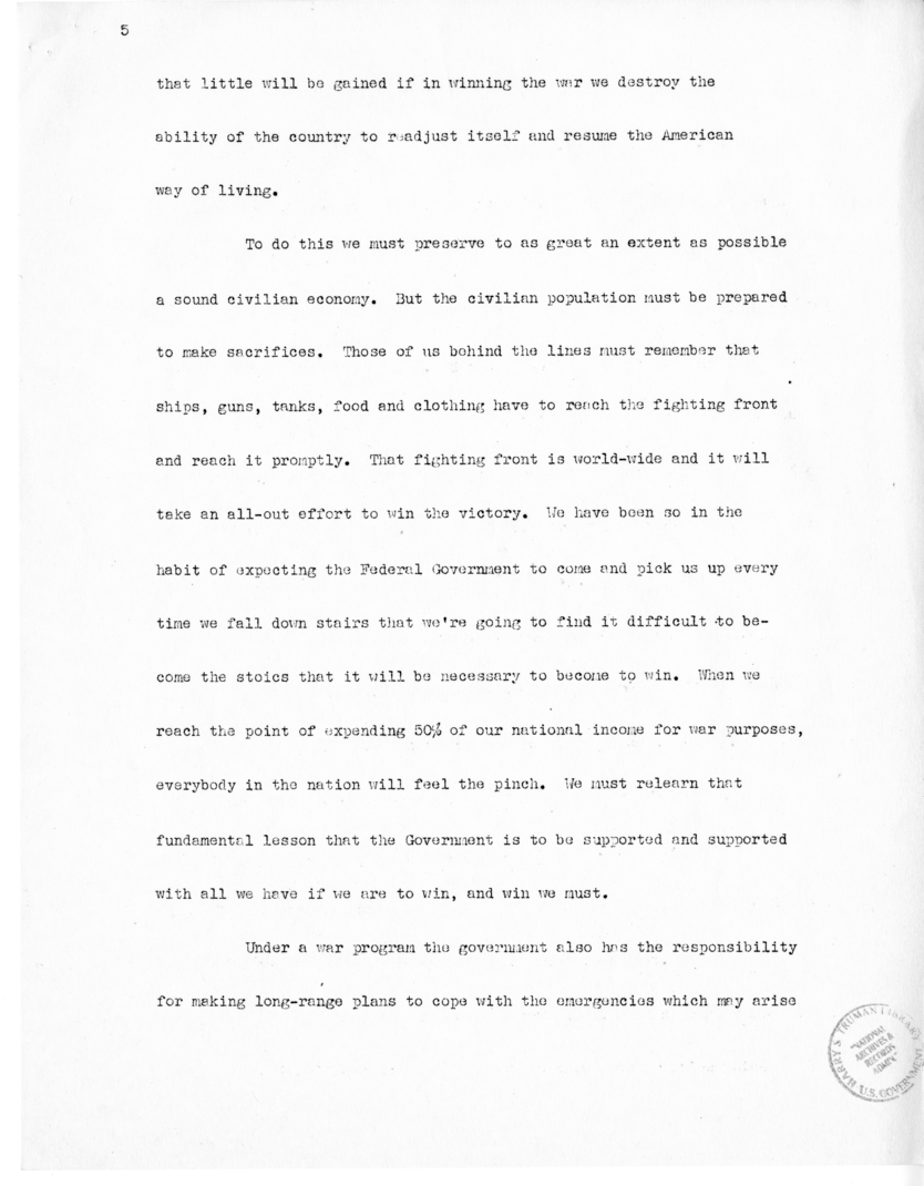 Speech of Senator Harry S. Truman before the United States Senate