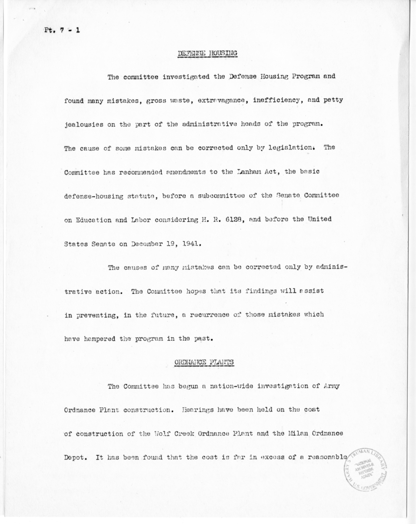 Speech of Senator Harry S. Truman before the United States Senate