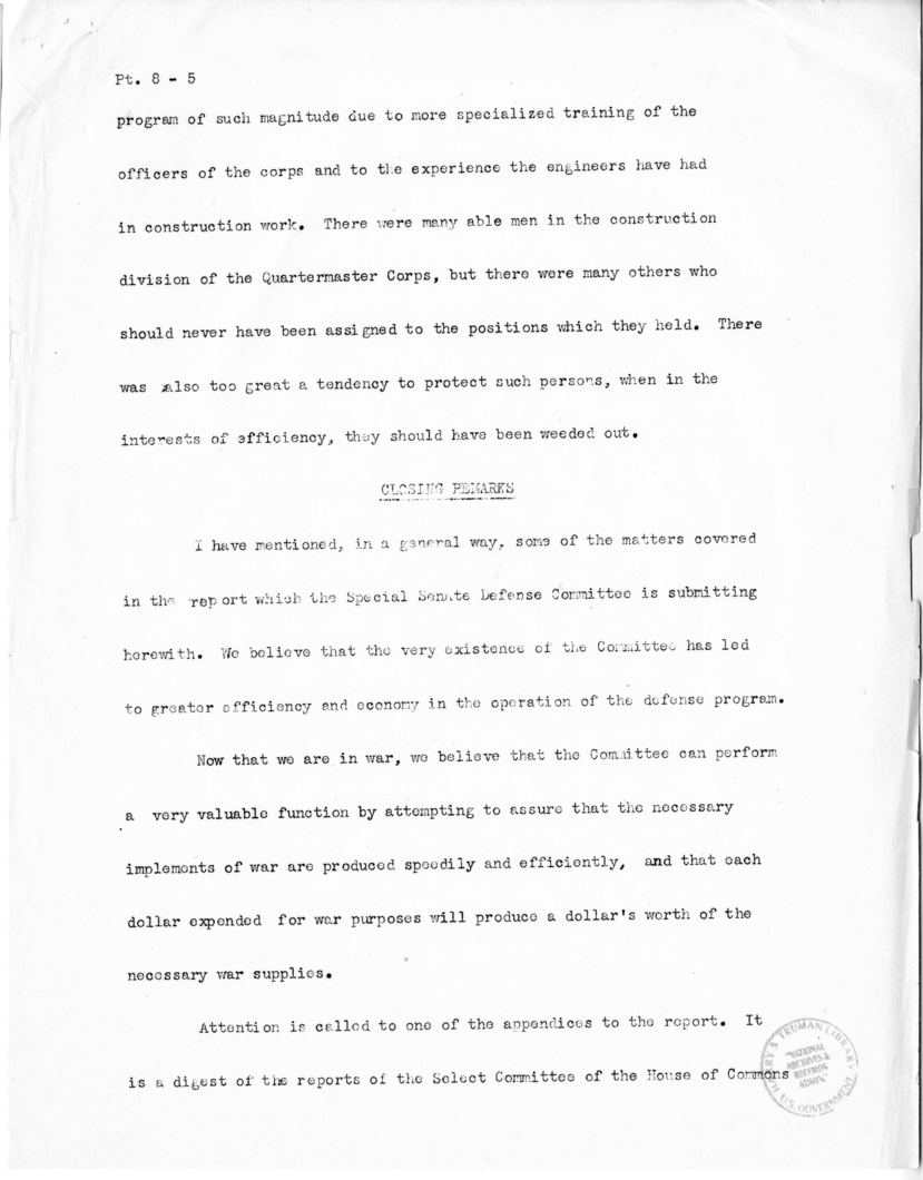 Speech of Senator Harry S. Truman before the United States Senate