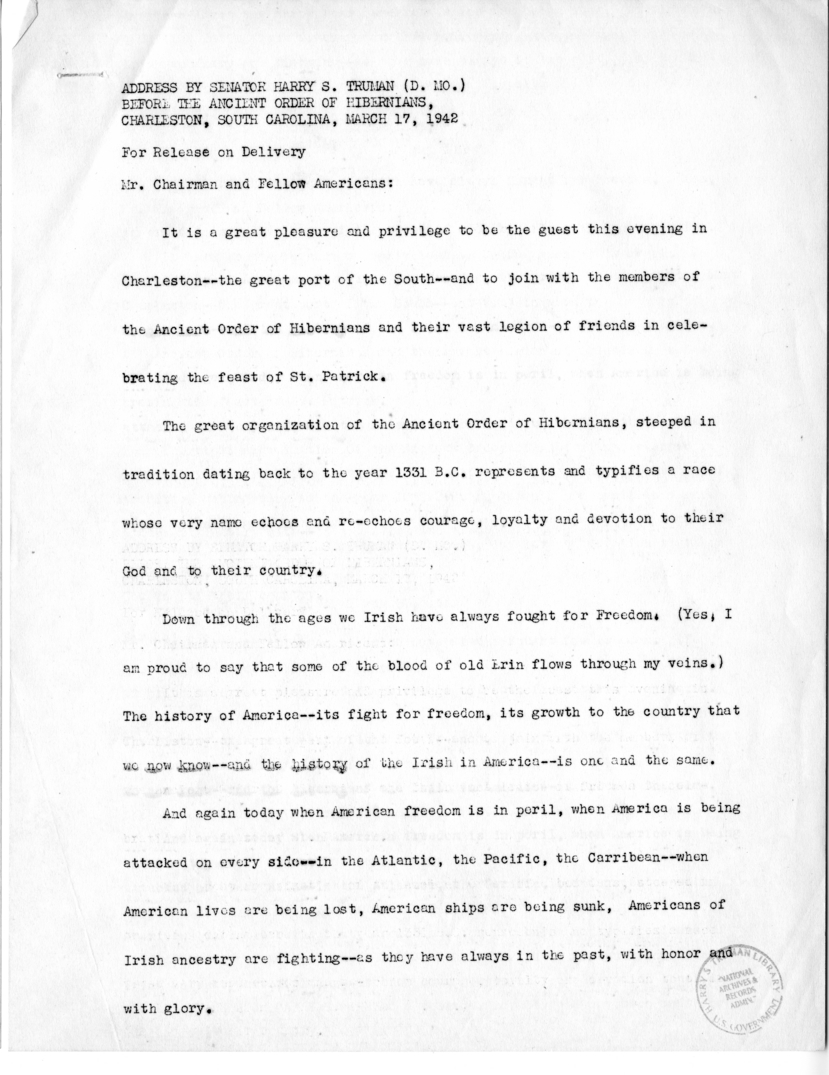 Speech of Senator Harry S. Truman before the Ancient Order of Hibernians, Charleston, South Carolina