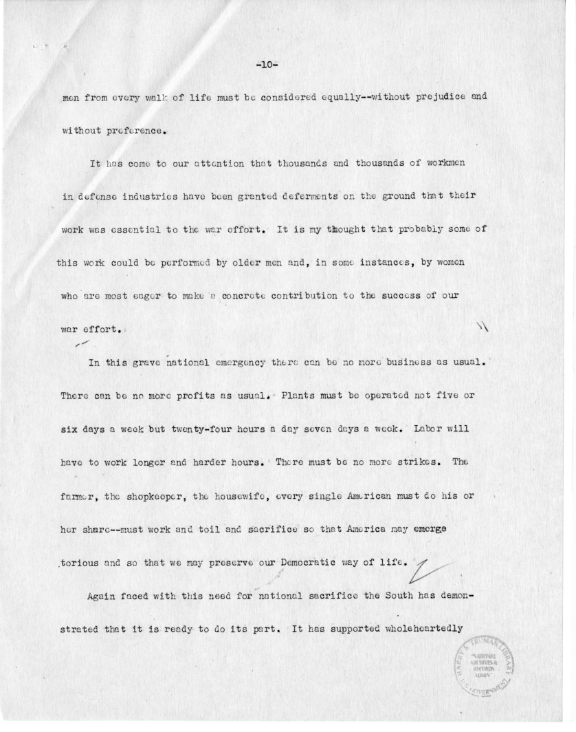 Speech of Senator Harry S. Truman before the Ancient Order of Hibernians, Charleston, South Carolina