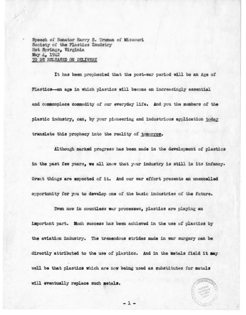 Speech of Senator Harry S. Truman Before the Society of the Plastics Industry at Hot Springs, Virginia