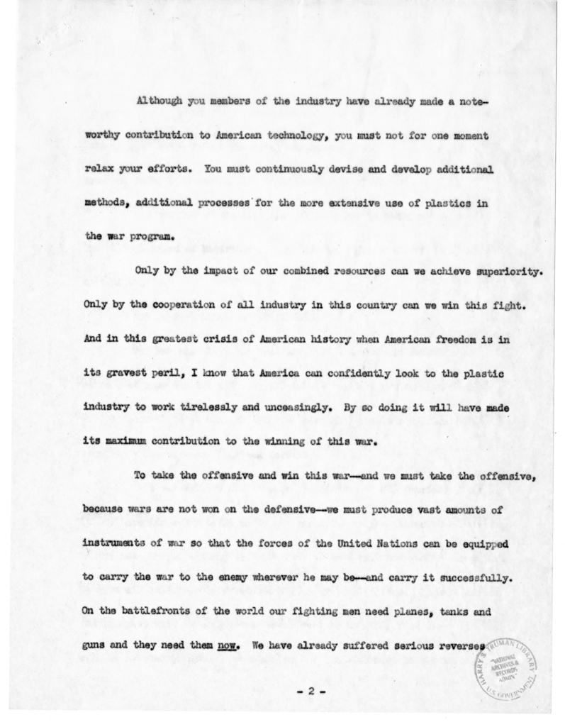 Speech of Senator Harry S. Truman Before the Society of the Plastics Industry at Hot Springs, Virginia