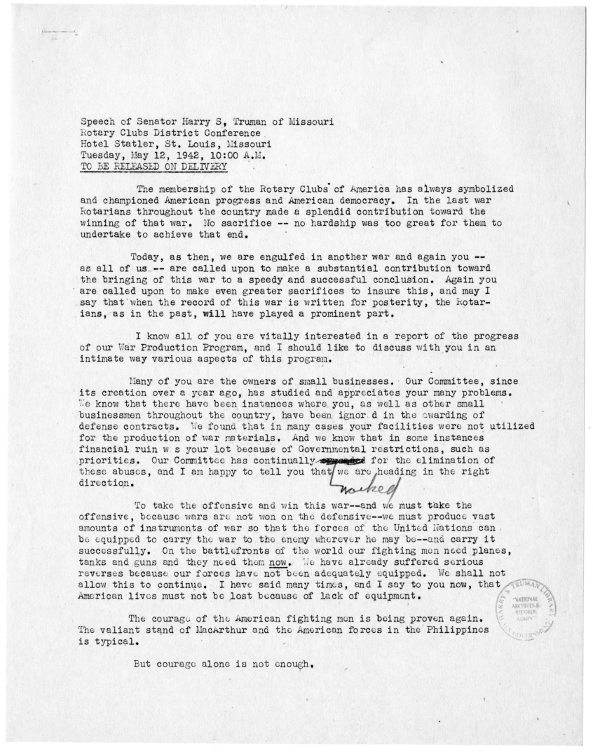 Speech of Senator Harry S. Truman before Rotary Club District Conference, St. Louis, Missouri