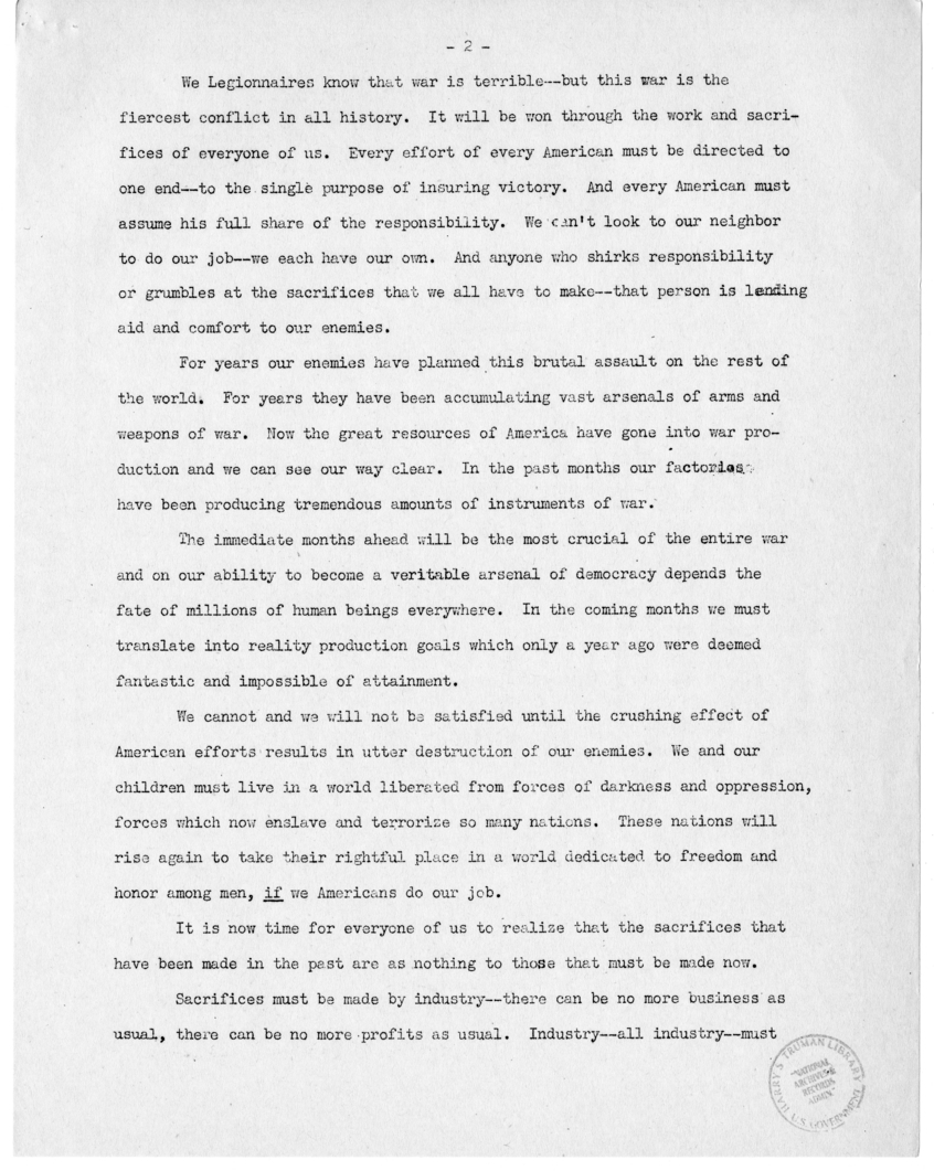 Speech of Senator Harry S. Truman at the Dedication of the Legion Monument in St. Louis, Missouri