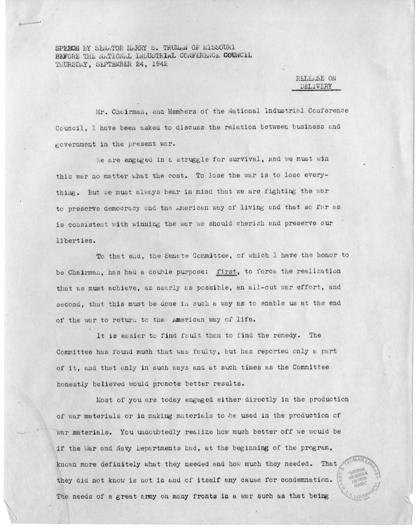 Speech of Senator Harry S. Truman Before the National Industrial Conference Council at New York, New York