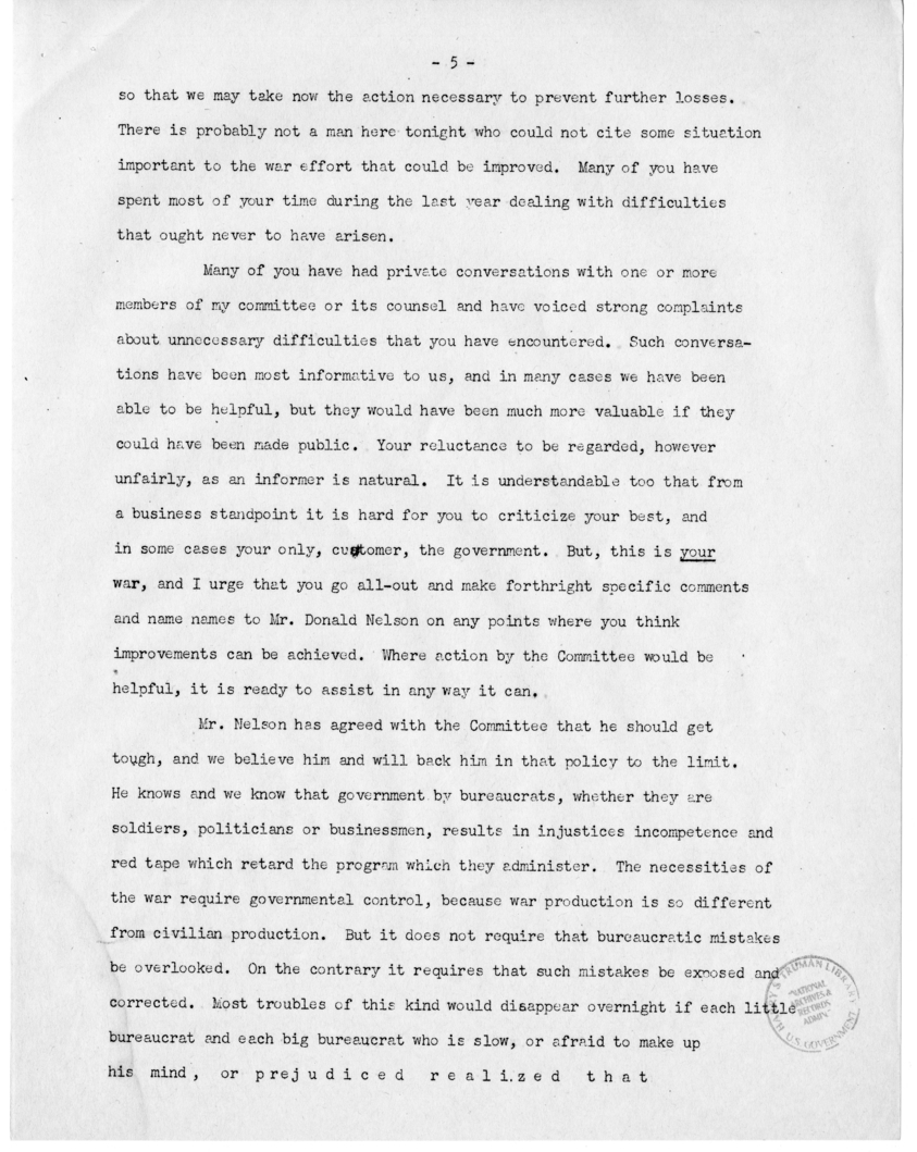 Speech of Senator Harry S. Truman Before the National Industrial Conference Council at New York, New York