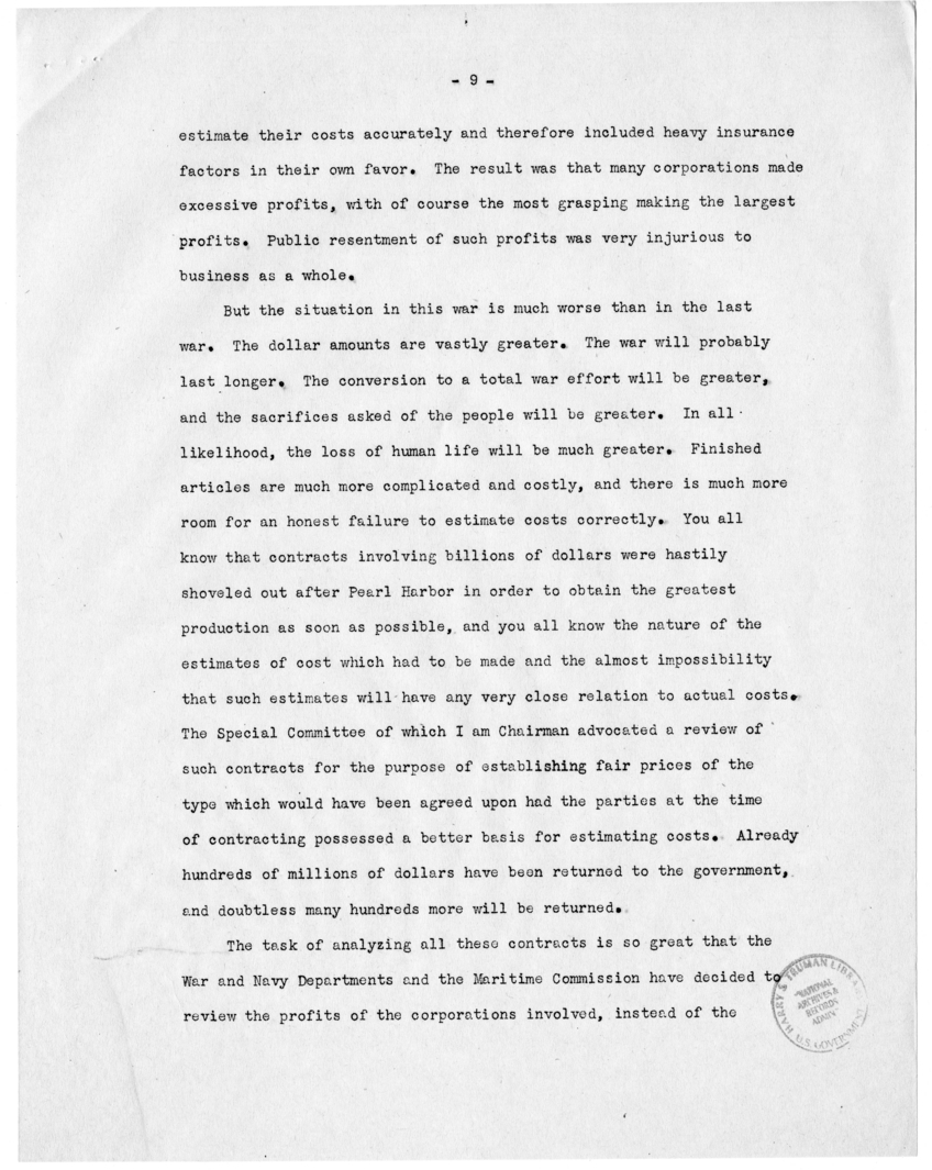Speech of Senator Harry S. Truman Before the National Industrial Conference Council at New York, New York