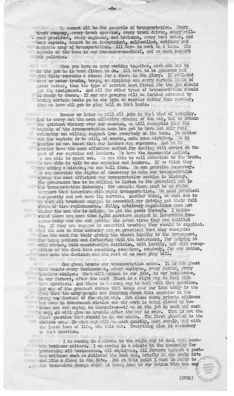 Speech of Senator Harry S. Truman before the American Trucking Association, St. Louis, Missouri