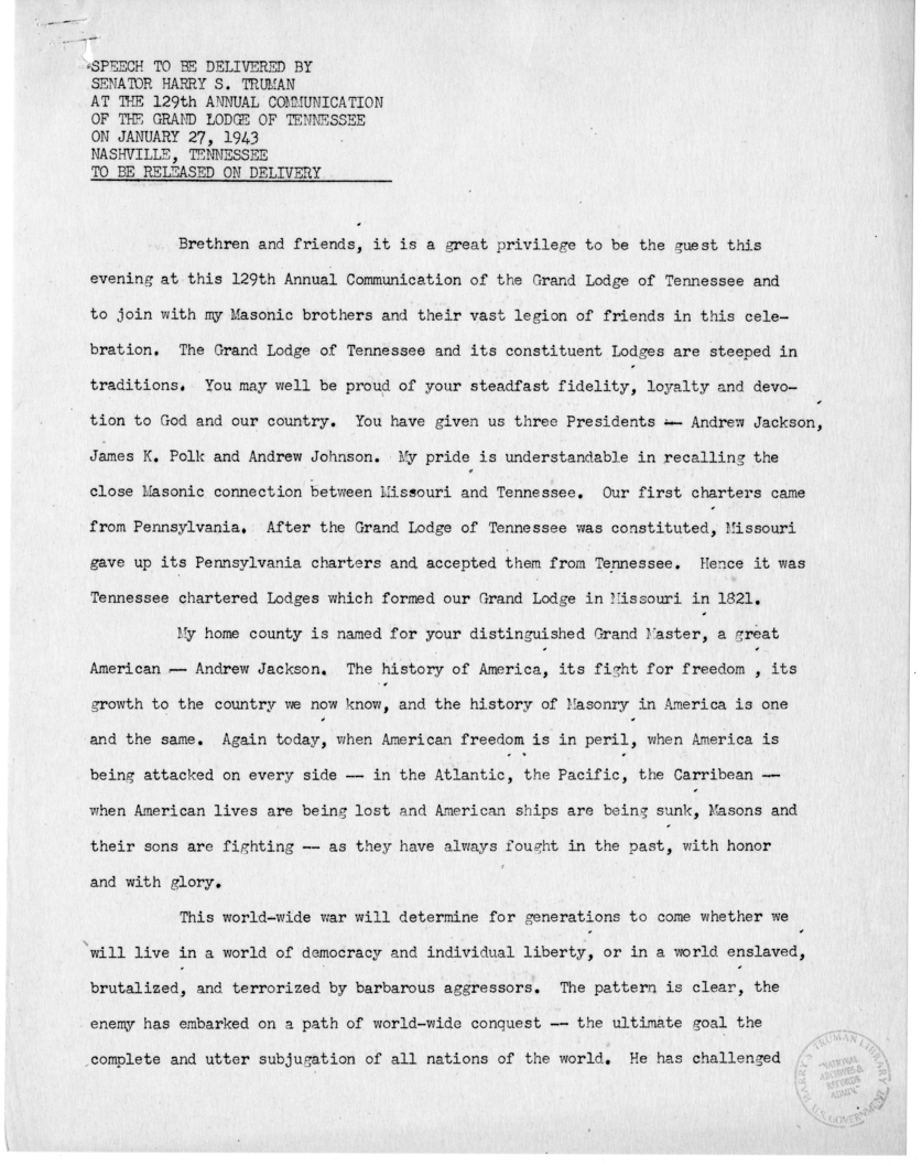 Speech of Senator Harry S. Truman at the 129th Annual Communication of the Grand Lodge of Tennessee, Nashville, Tennessee