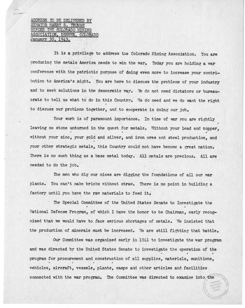 Speech of Senator Harry S. Truman Before the Colorado Mining Association, Denver, Colorado