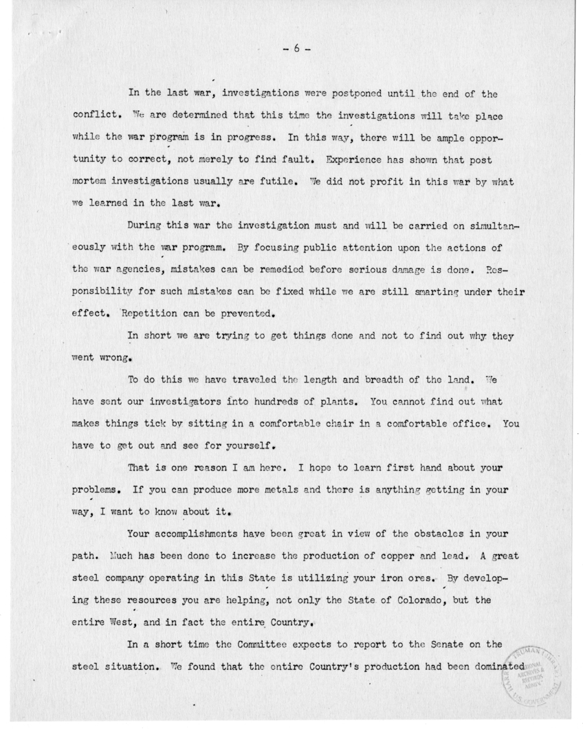 Speech of Senator Harry S. Truman Before the Colorado Mining Association, Denver, Colorado