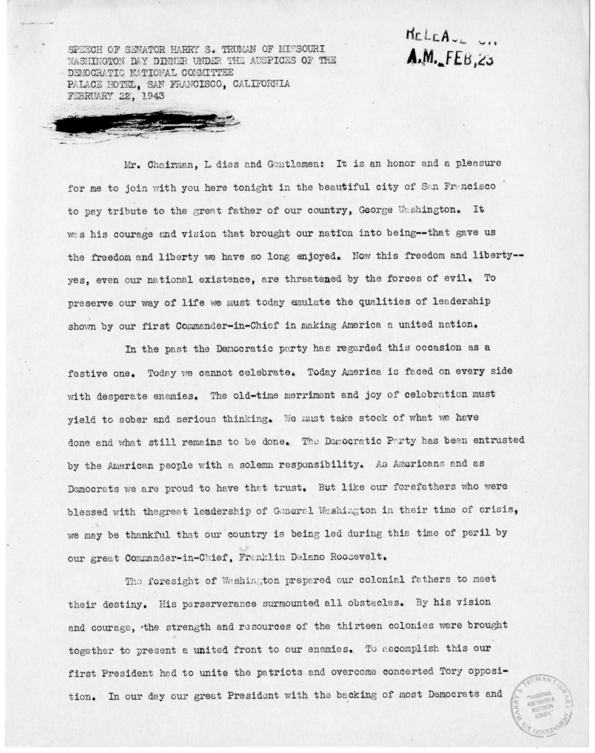 Speech of Senator Harry S. Truman at Washington Day Dinner, San Francisco, California