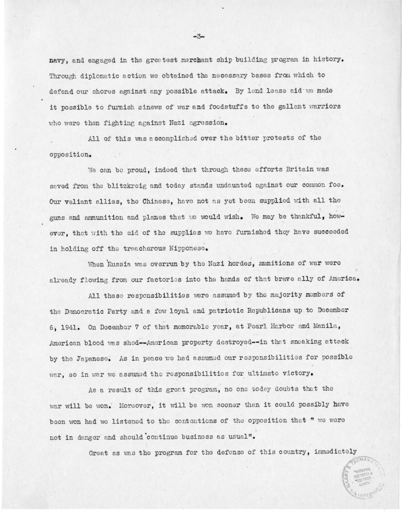 Speech of Senator Harry S. Truman at Washington Day Dinner, San Francisco, California