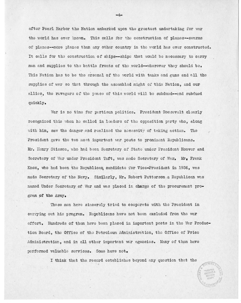 Speech of Senator Harry S. Truman at Washington Day Dinner, San Francisco, California