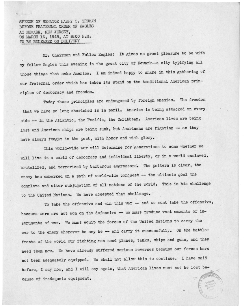 Speech of Senator Harry S. Truman Before the Fraternal Order of Eagles, Newark, New Jersey