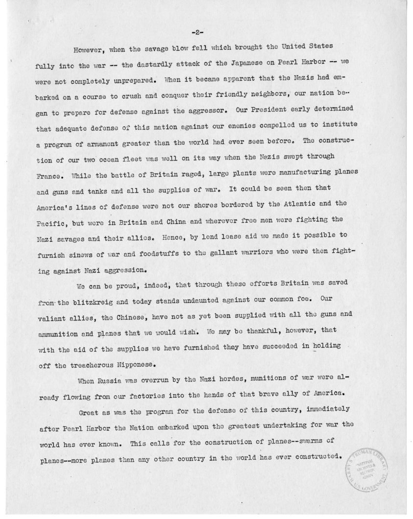 Speech of Senator Harry S. Truman Before the Fraternal Order of Eagles, Newark, New Jersey