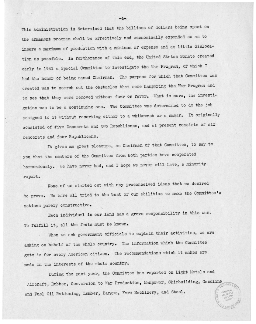 Speech of Senator Harry S. Truman Before the Fraternal Order of Eagles, Newark, New Jersey
