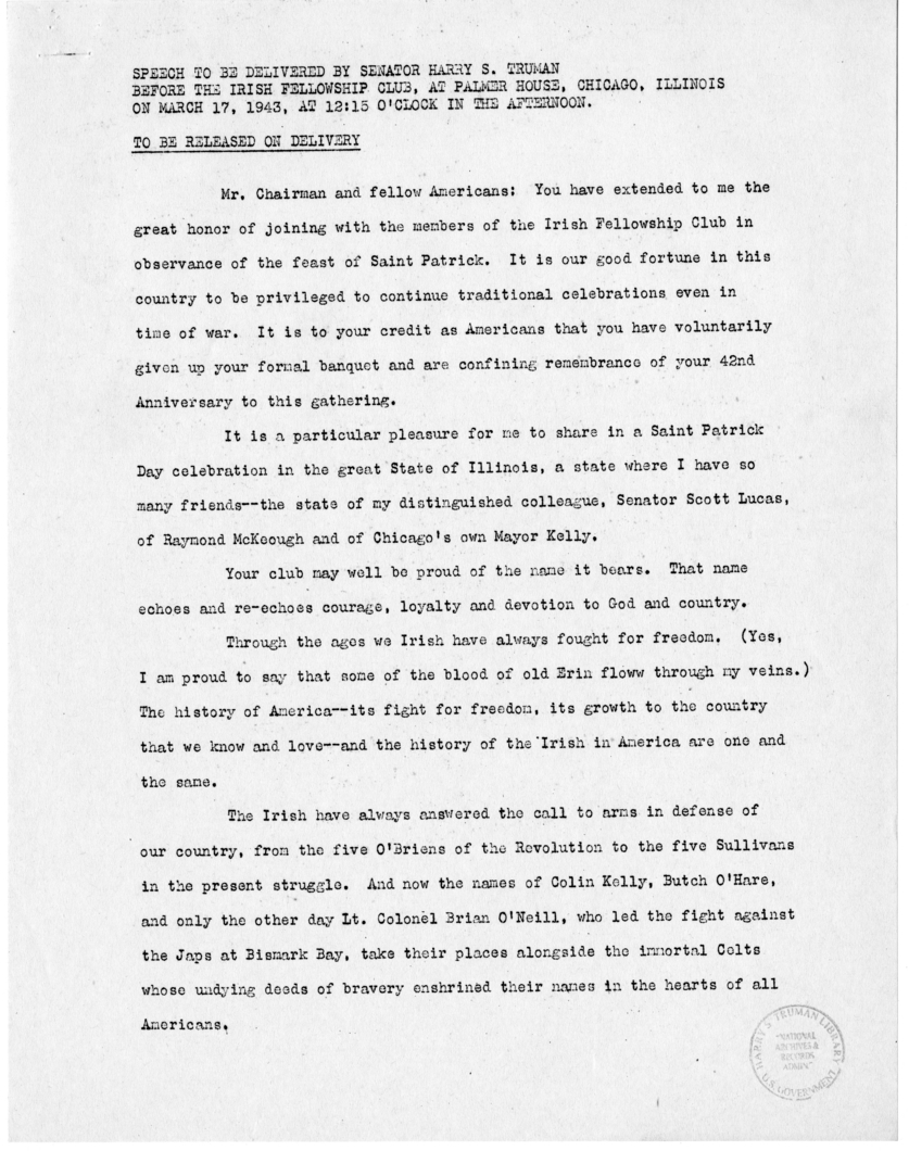 Speech of Senator Harry S. Truman Before the Irish Fellowship Club, Chicago, Illinois