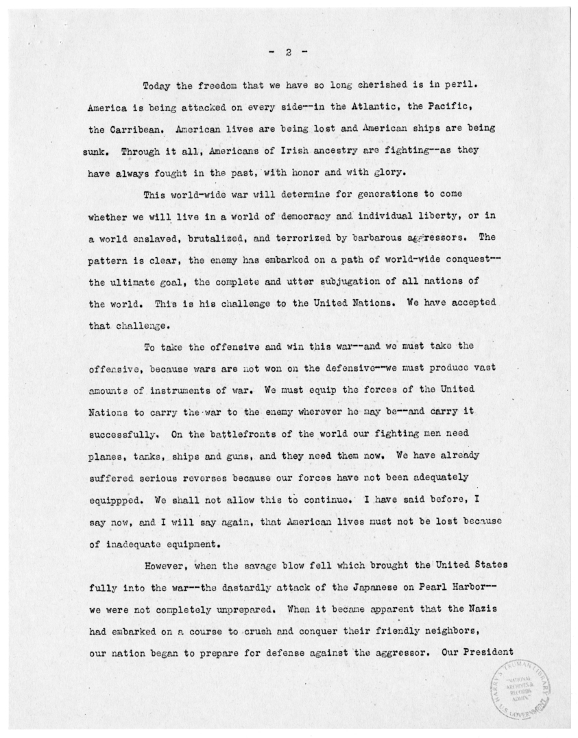 Speech of Senator Harry S. Truman Before the Irish Fellowship Club, Chicago, Illinois