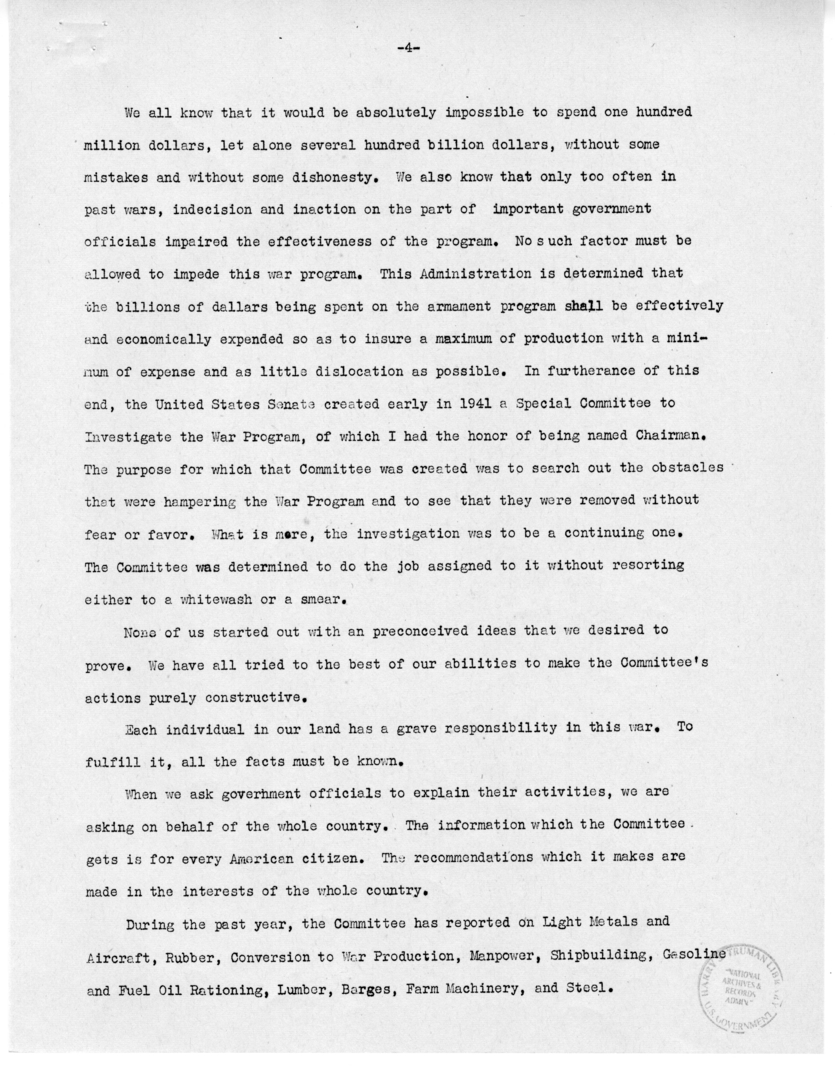 Speech of Senator Harry S. Truman Before the Southern Hardware Jobbers Association and the American Hardware Manufactures Association at Memphis, Tennessee