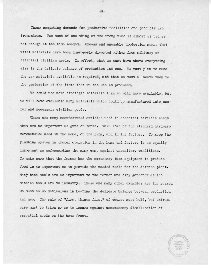 Speech of Senator Harry S. Truman Before the Southern Hardware Jobbers Association and the American Hardware Manufactures Association at Memphis, Tennessee