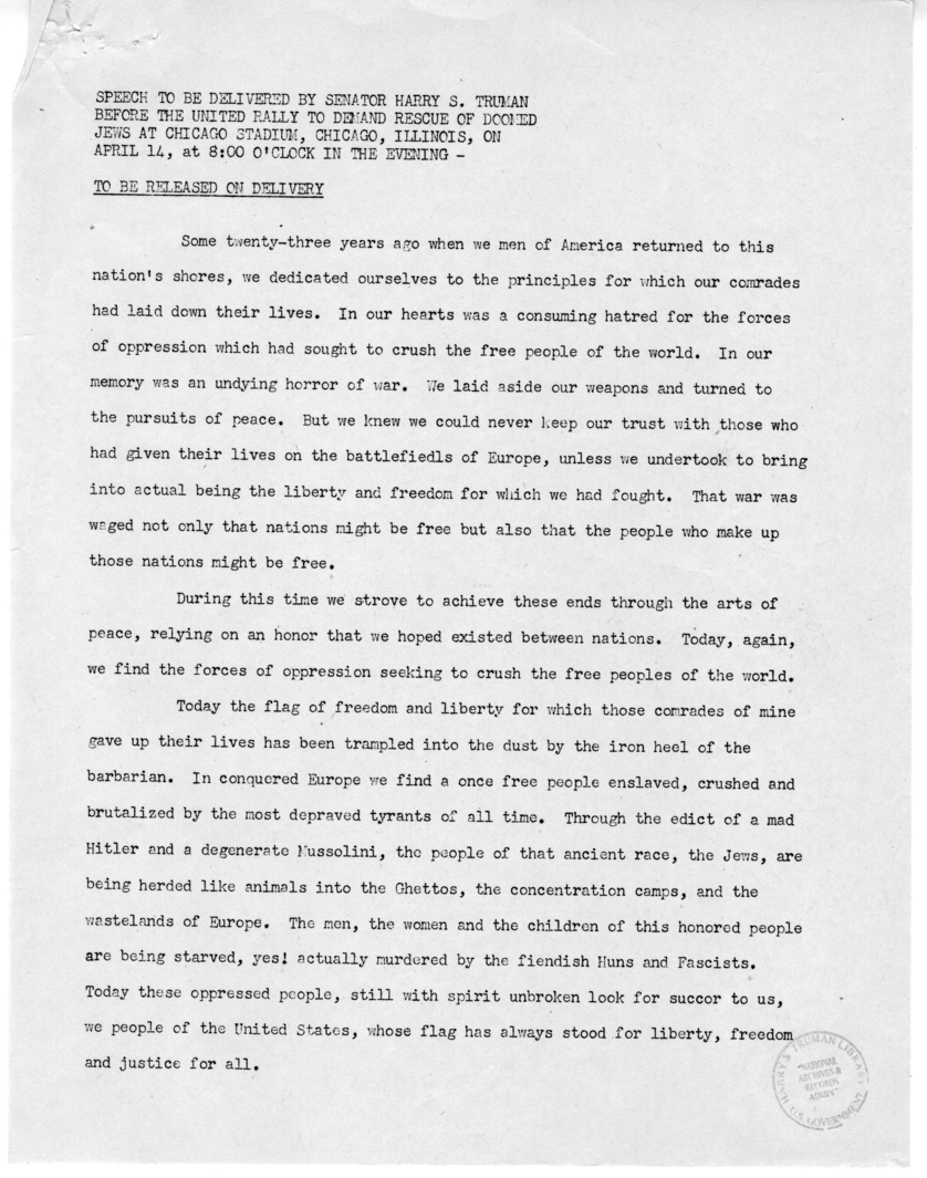 Speech of Harry S. Truman before the United Rally to Demand Rescue of Doomed Jews at Chicago, Illinois