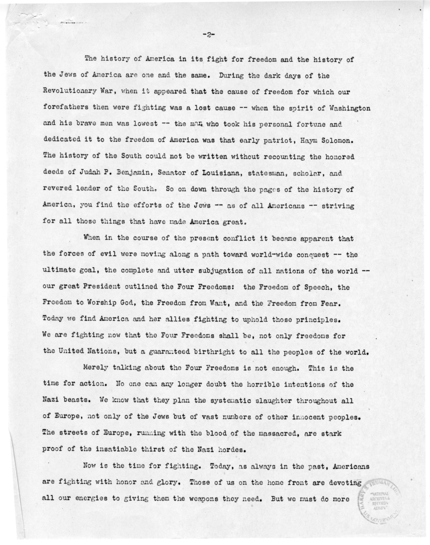 Speech of Harry S. Truman before the United Rally to Demand Rescue of Doomed Jews at Chicago, Illinois