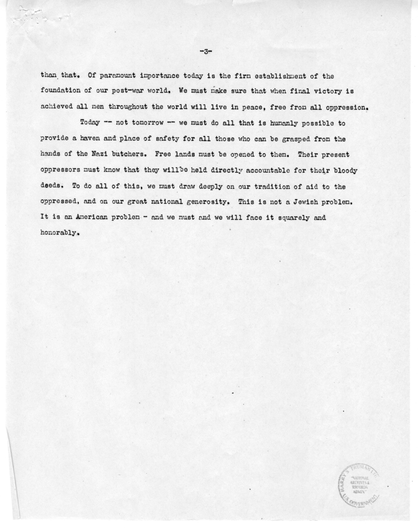 Speech of Harry S. Truman before the United Rally to Demand Rescue of Doomed Jews at Chicago, Illinois