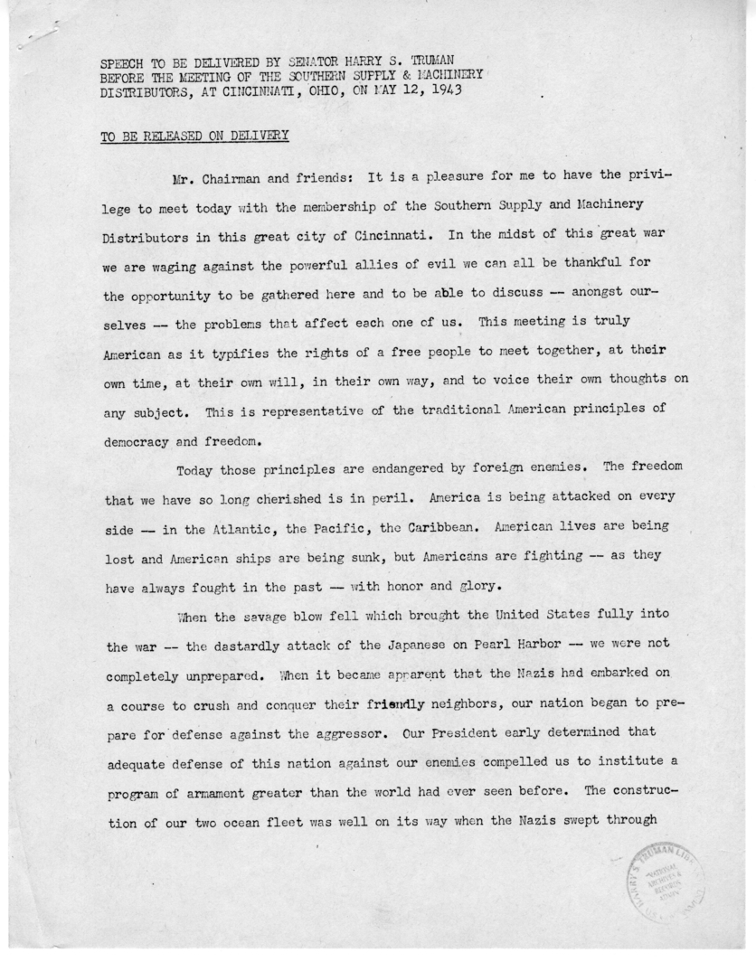 Speech of Senator Harry S. Truman Before the Southern Supply and Machinery Distributors at Cincinnati, Ohio
