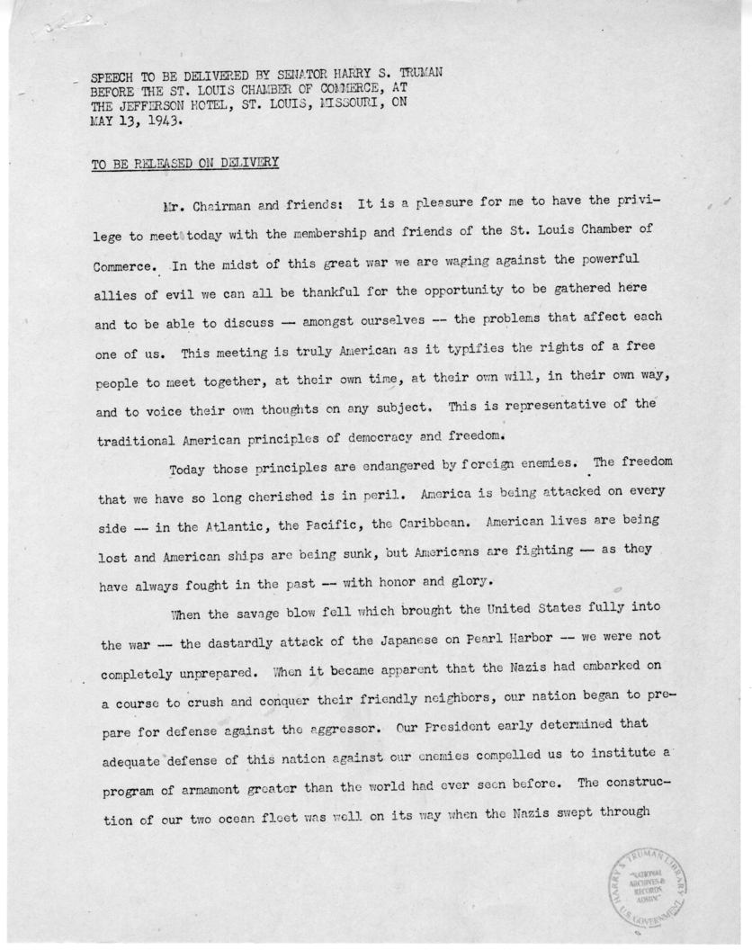 Speech of Senator Harry S. Truman Before the St. Louis Chamber of Commerce at St. Louis, Missouri