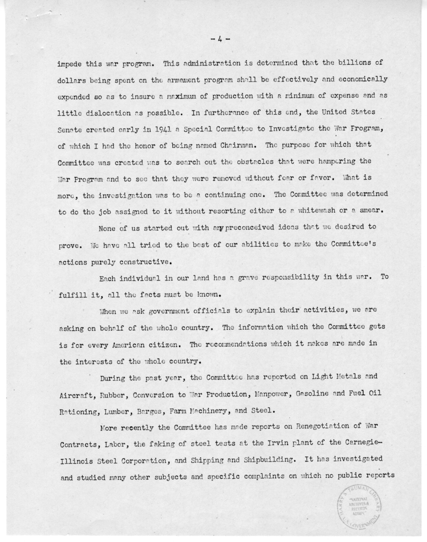 Speech of Senator Harry S. Truman Before the St. Louis Chamber of Commerce at St. Louis, Missouri