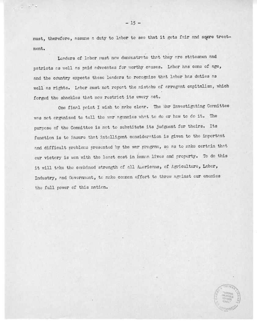 Speech of Senator Harry S. Truman Before the St. Louis Chamber of Commerce at St. Louis, Missouri