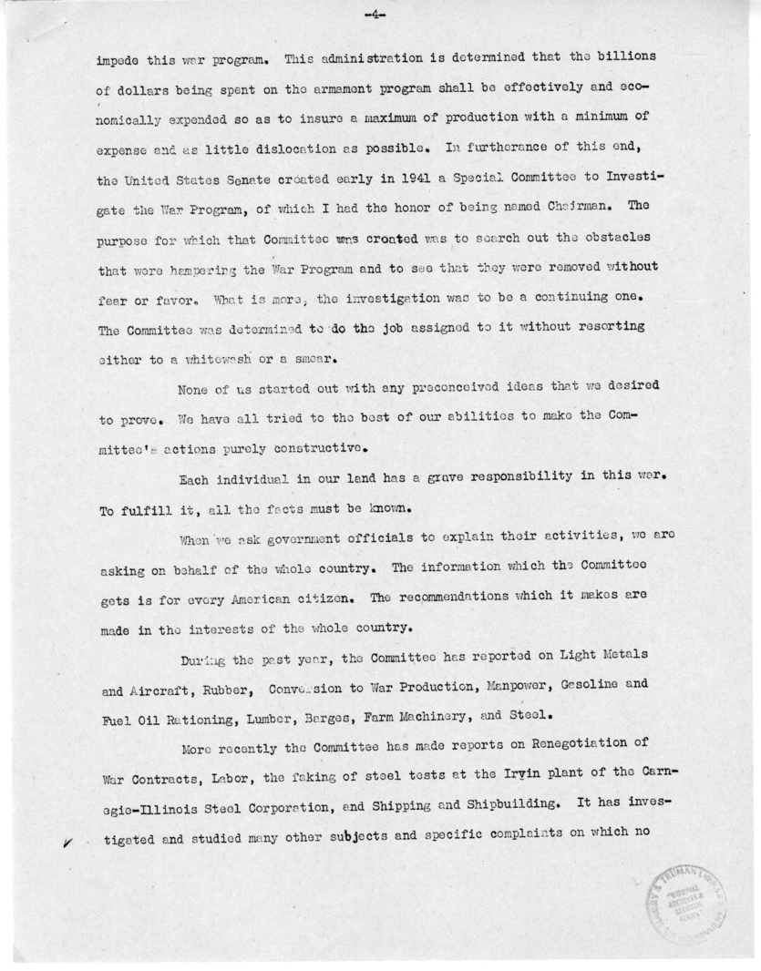 Speech by Senator Harry S. Truman Before the Meeting of the Executives' Club of Chicago, Chicago, Illinois