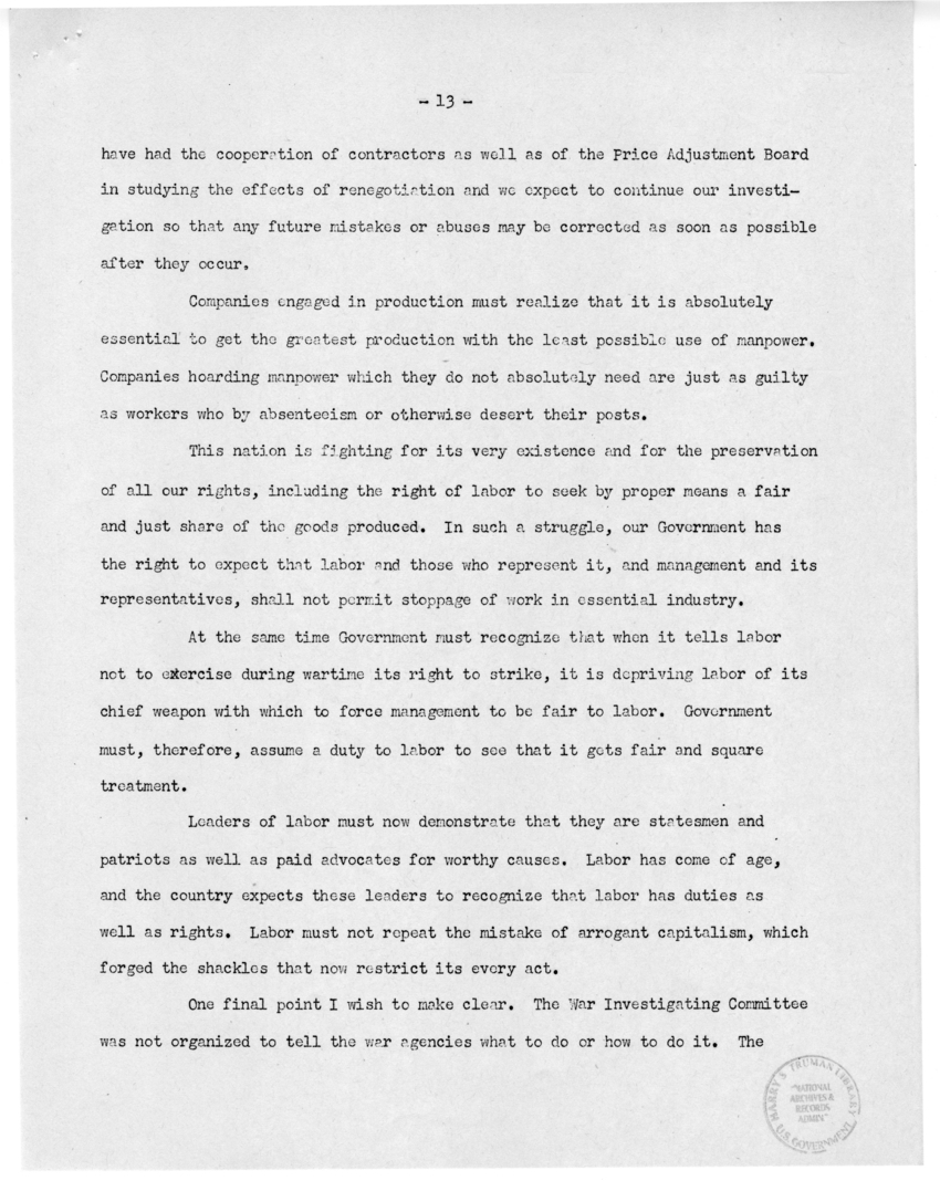 Speech by Senator Harry S. Truman Before the Meeting of the Executives' Club of Chicago, Chicago, Illinois