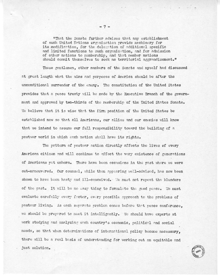 Speech of Senator Harry S. Truman at Lincoln, Nebraska