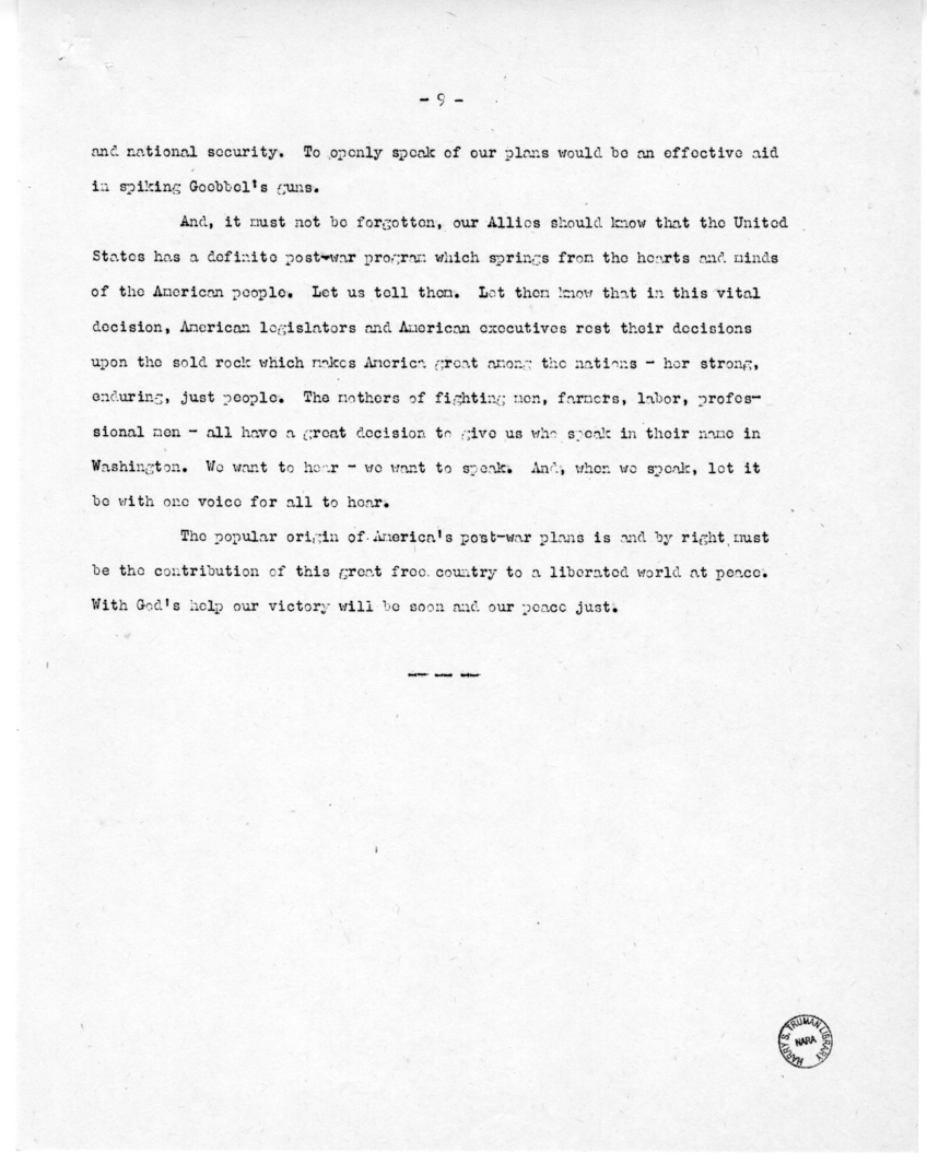 Speech of Senator Harry S. Truman at Lincoln, Nebraska
